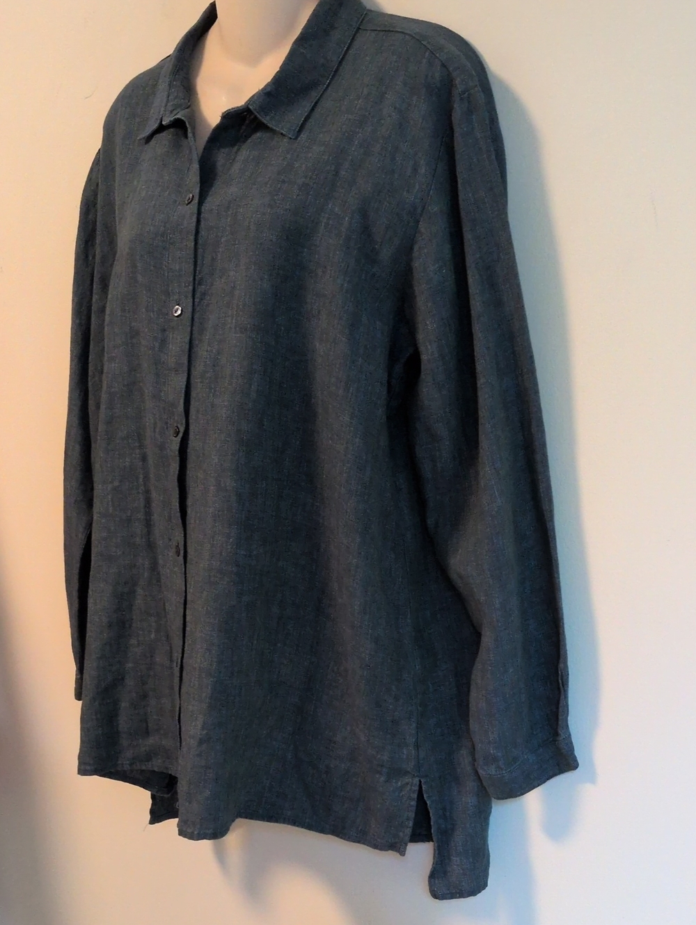Eileen Fisher Washed Organic Linen Delave Classic Collar Shirt L - Picture 6 of 16